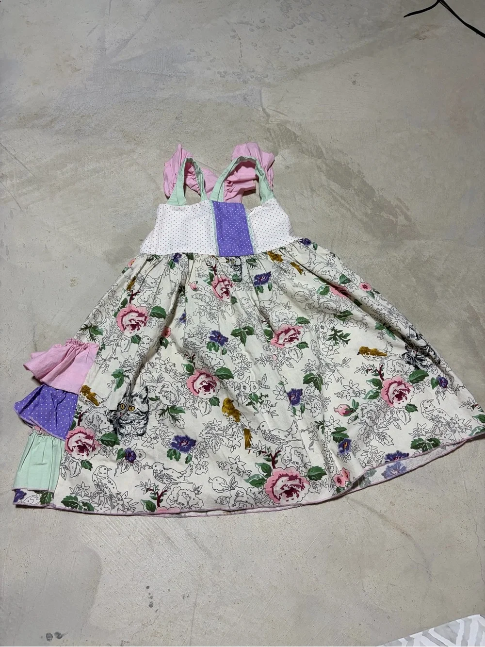 Olive mae boutique Dallas patchwork cat bird handmade dress 7/8